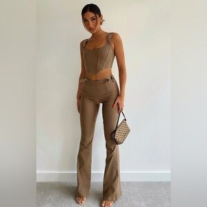 White Fox Mocha Brown Tan Satisfy Me Skinny Flare Pants with Belt Buckle